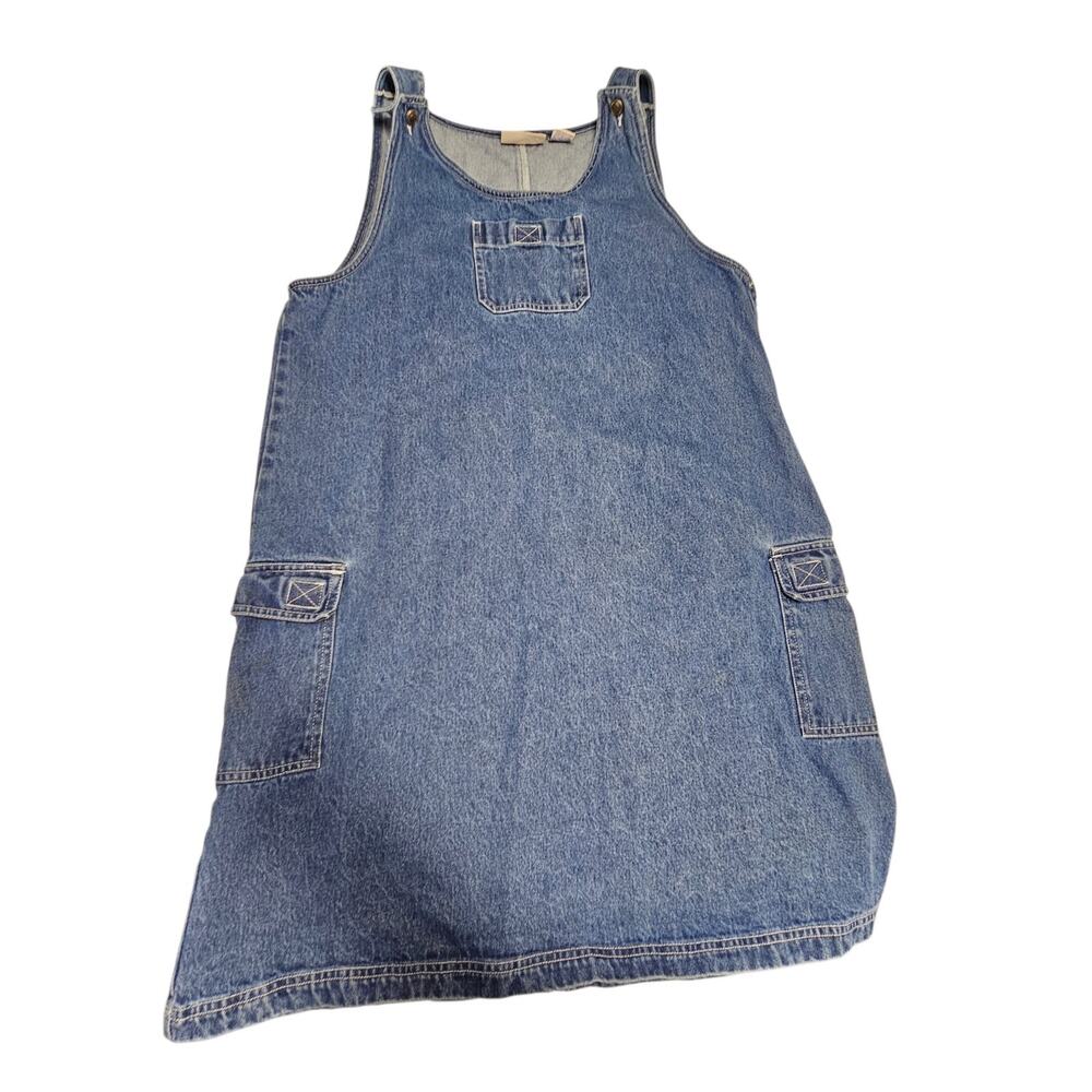 VTG 90s Overall Dress Denim Jean Cargo Blue Sleeveless Grunge Teacher Sz L - Picture 4 of 10